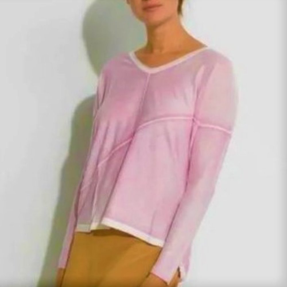 BaMBoo CaSHMeRe Kokun Sweater Seam V Neck Top Pink White Quiet Luxury M L